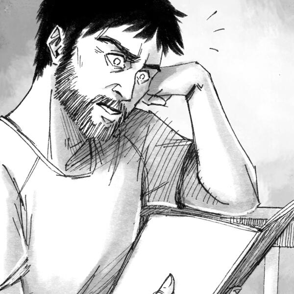 Rysunek z komiksu "Wątpliwy wzorzec", przedstawiający brodatego mężczyznę. Mężczyzna czyta książkę i ma zaskoczoną minę.