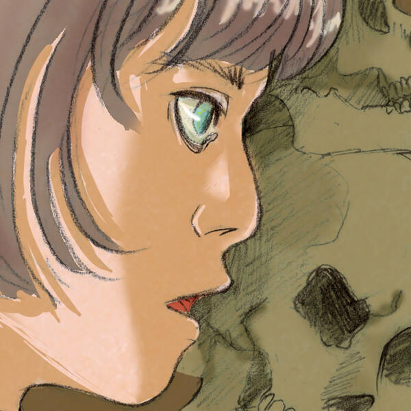 Rysunek z komiksu "Znak przeszłości", przedstawiający profil chłopca, który coś mówi. W tle widać czaszki.